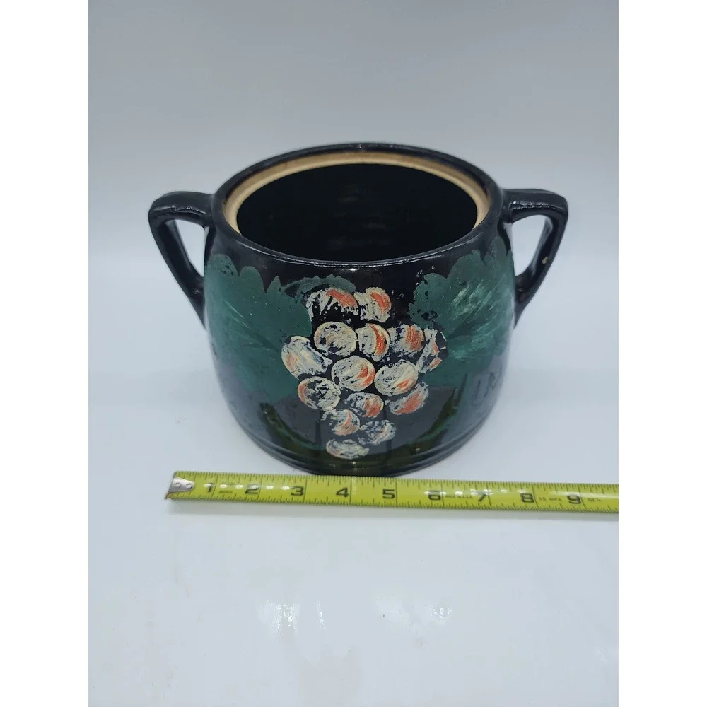 Vintage Hand Painted Ceramic Bean Pot Cookie Jar Black with Grapes and Lid